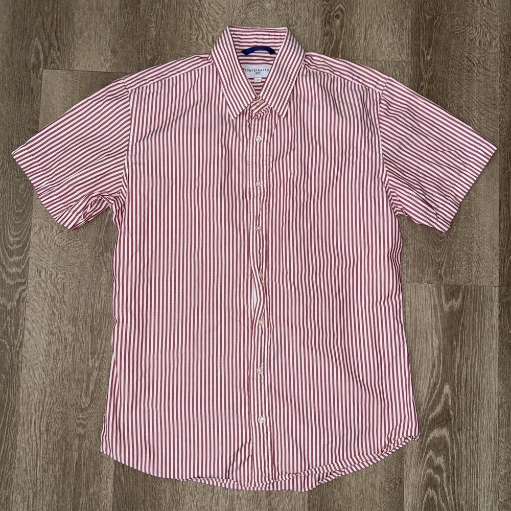 Teddy Stratford Zip Fit Short Sleeve Button Up Shirt Men's 2 S Red White Striped - Picture 2 of 6